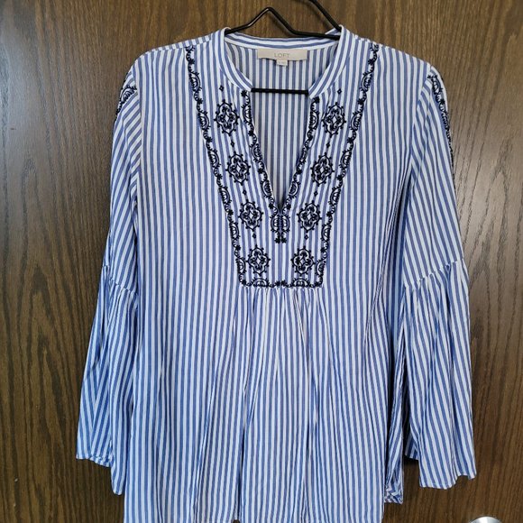 NWOT Ann Taylor Loft Striped Embroidered Bell Sleeve Top Size Small - Picture 1 of 13